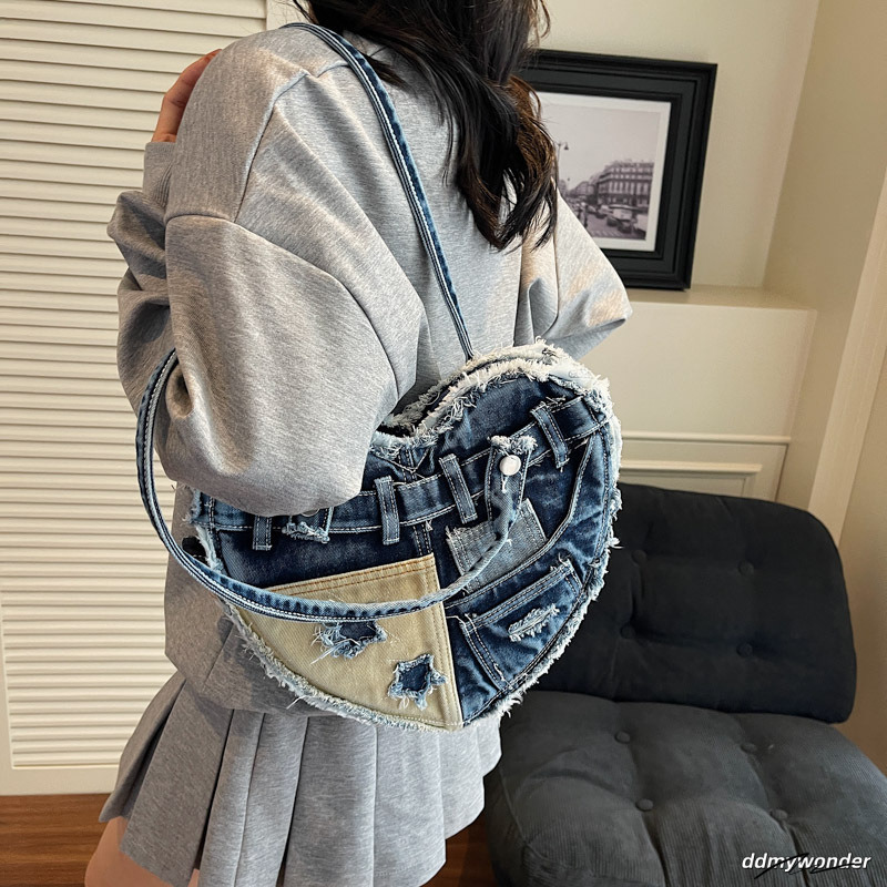 Vintage Women's Fashion Style Love Demin Single Underarm Bag Casual Versatile Cross Shoulder Handbag 250315 ddmywonder ddmywonder ddmywonder