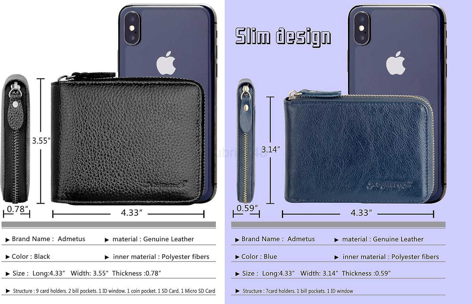 Mens Zipper Wallet Leather Bifold Wallets Slim RFID Blocking Zip Around CARD Holder Compact Small WalletZ250910