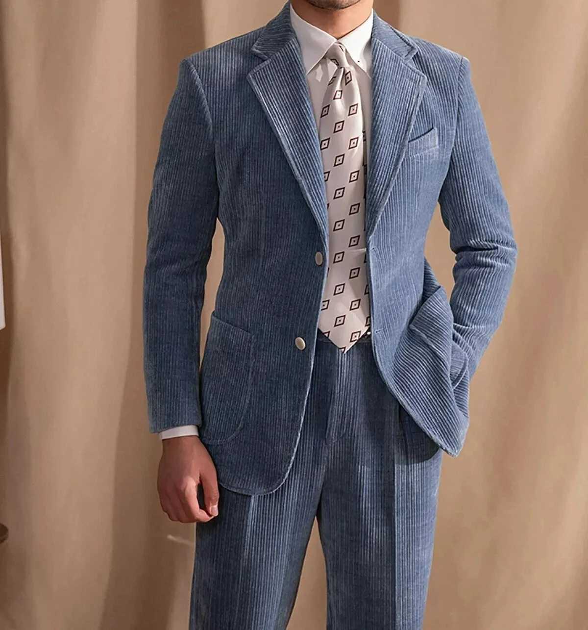 Corduroy Mens Suit Set Blue Suit Jacket Suit pants Mens autumn Blazers Business suit set W250910