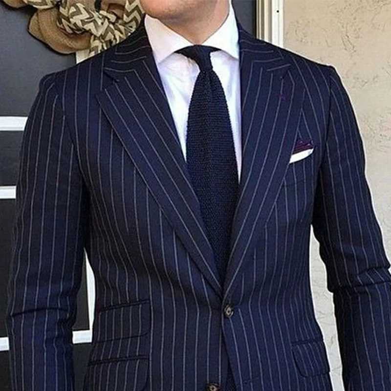 2 Piece Pinstripe Mens Suit Slim Fit for Formal Wedding Tuxedo Notched Lapel Navy Blue Striped Business Groom Male Fashion W250910