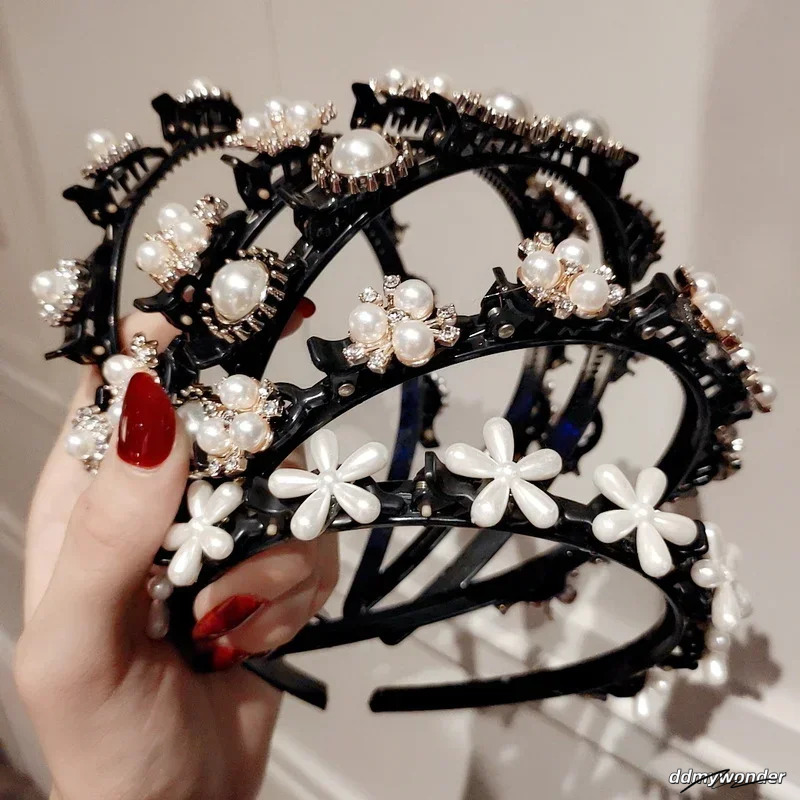 Double Layer Bands Clip Hairbands Fashion Plastic Braided Headband Punk New Knitting Womens Headwear Hair Accessories Pearl ddmywonder ddmywonder