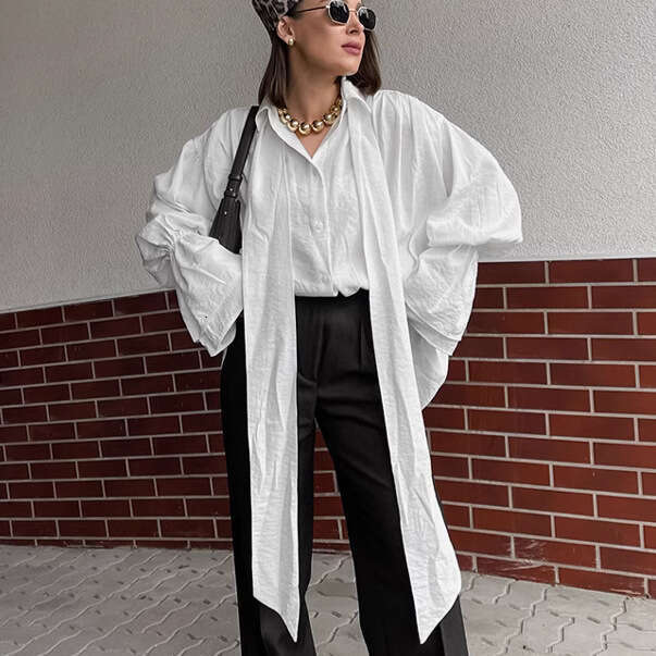 Autumn Winter New Commuting Loose Ribbon Shirt French Design Sense White Bell Sleeve Blouse For Women B3
