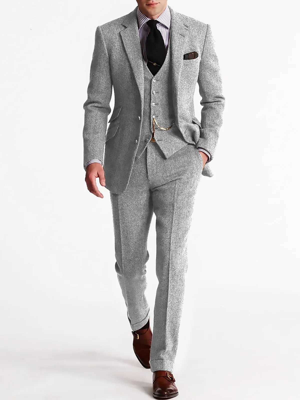 ANNIEBRITNEY Herringbone Tweed Suits for Men Slim Fit Tuxedo Man Suit Set Trajes De Hombre Anzug Herren Custom Made Men Suits W250910