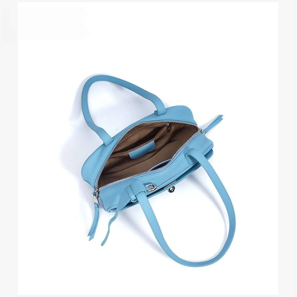 Women's Boston Bag Designer Ice Blue Pink Color Head Layer Cowhide Leather Long-Handle Tote Soft Calfskin Women's Armpit Shoulder Bag