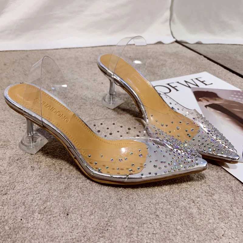 Women High Heel Shoes Summer Bling Transparent Plastic Thin Heels Women Slingbacks Shoes Dress Party Pionted Toe Heels Shoes W250910