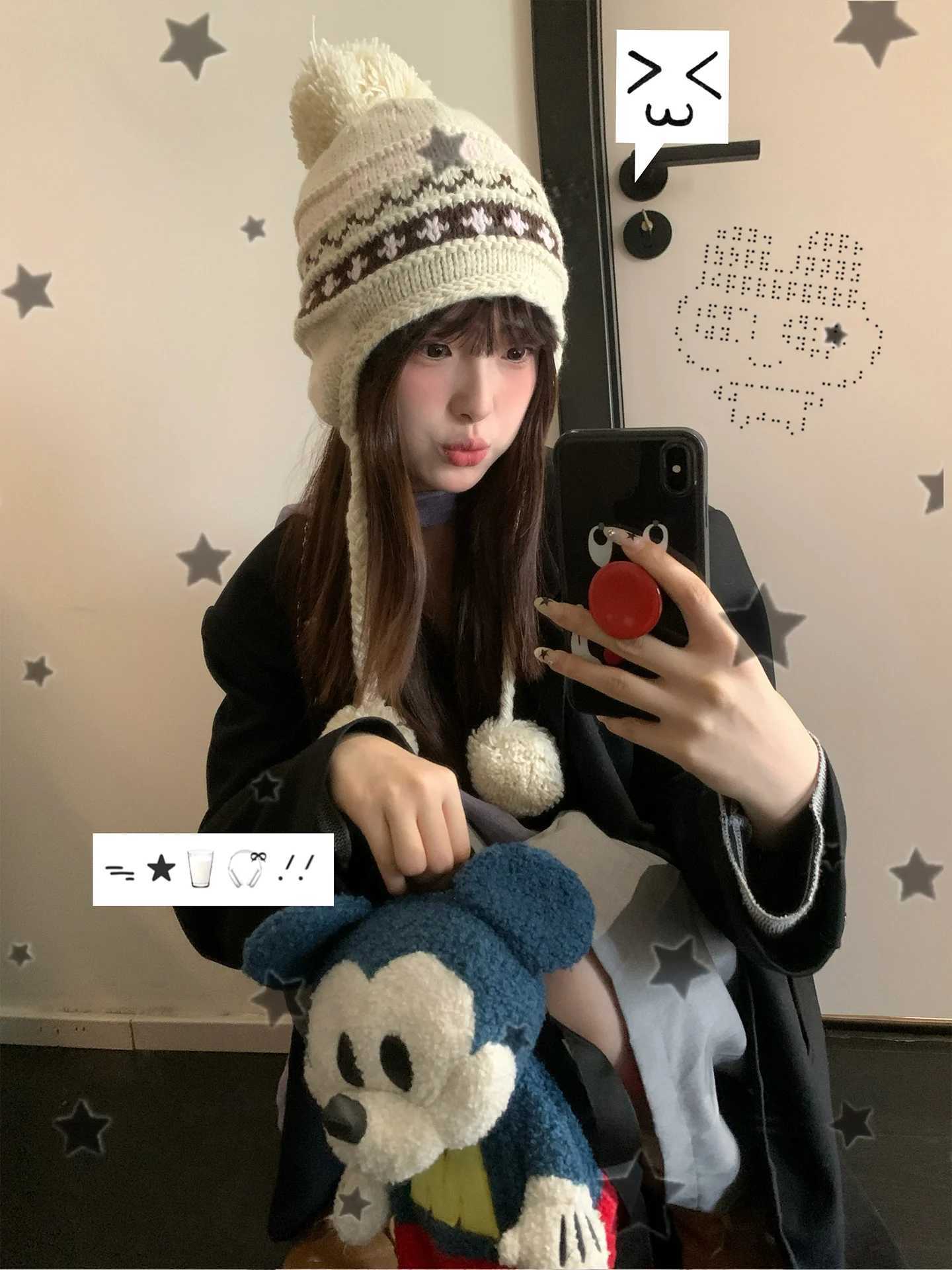 Autumn And Winter Fair Lsle Style HandKnitted Woolen Hat For Women Warm And Cute Ball Earmuffs To Show Off A Small Face AndXJ250910