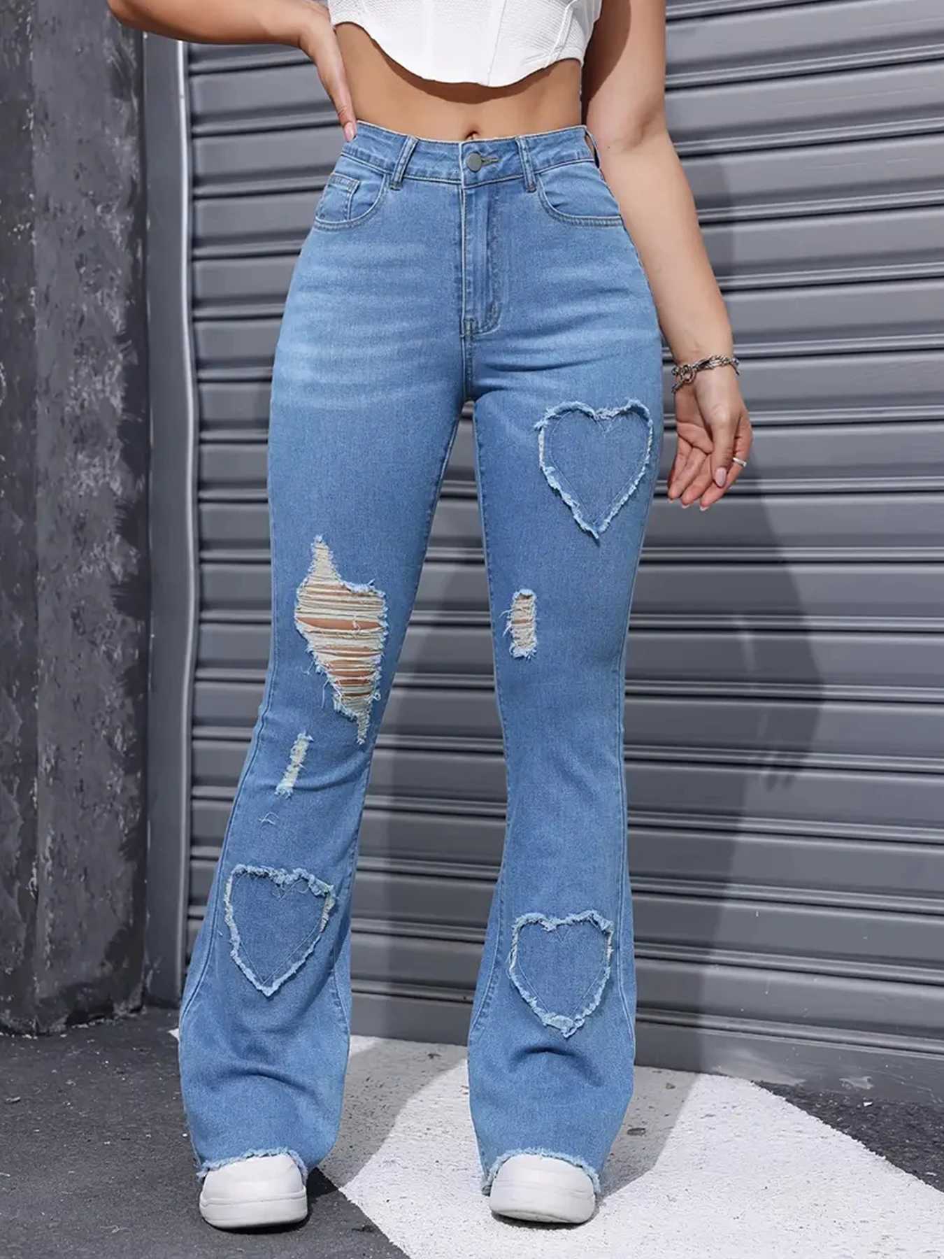 2025 Womens New Distressed Jeans Embroidered Patch Fabric High Elasticity Fashionable and Versatile Comfortable Denim Women Z250910