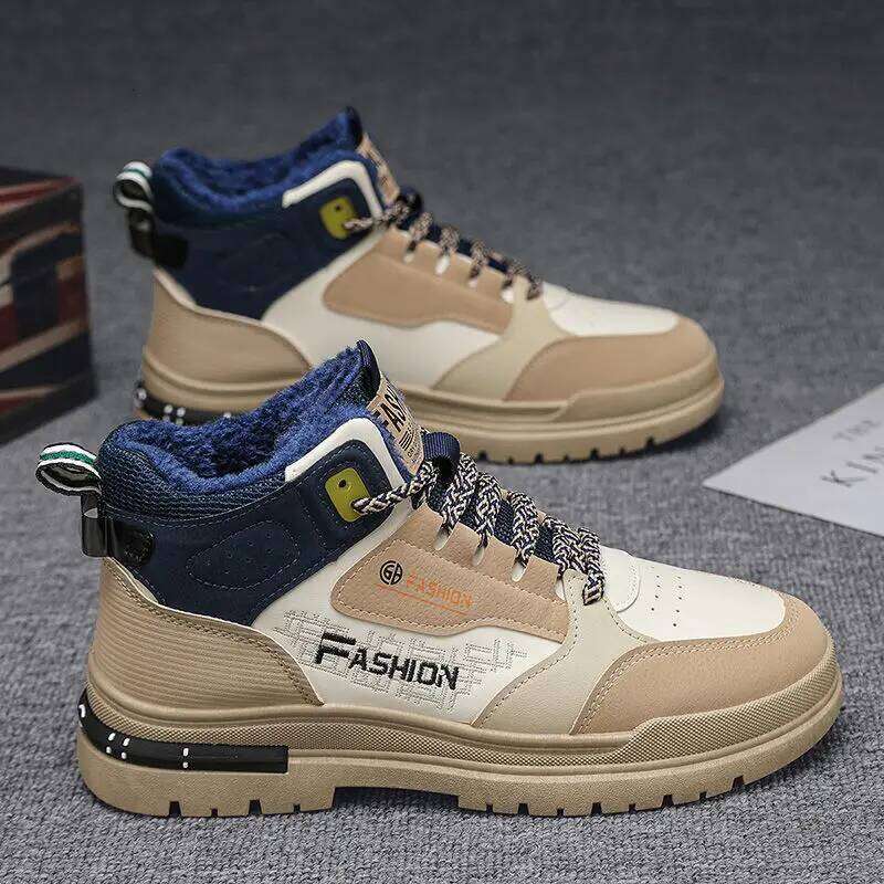 Men's 2025 new winter fleece warm cotton shoes, thick-soled work protection men's shoes, leather surface outdoor work boots