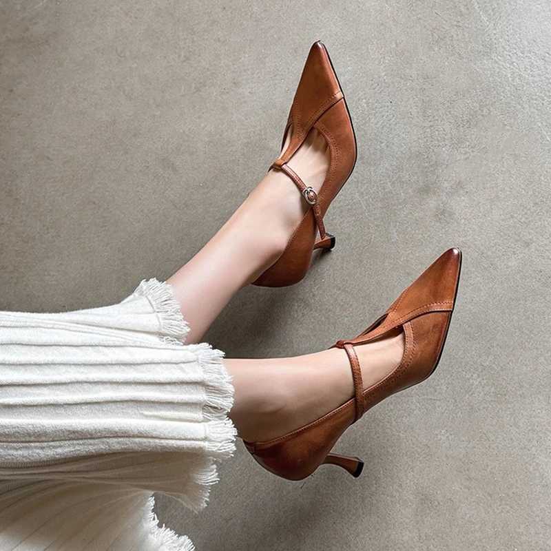 NEW SpringAutumn Women Pumps Genuine Leather Shoes for Women Pointed Toe Thin Heel Shoes Concise Tstrap Shallow Designer Shoes W250910