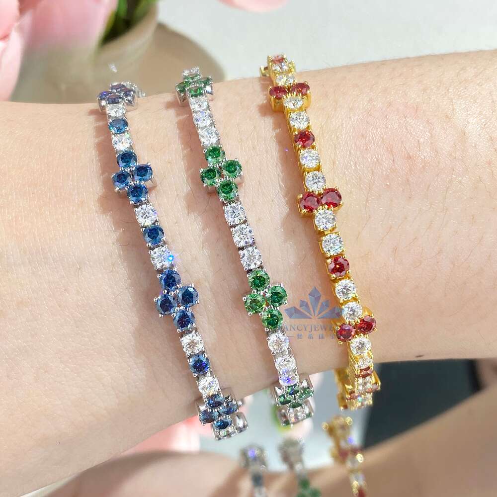 New Arrival 3mm VVS Moissanite Dia Iced Four Leaf Clover Cross Tennis Chain Bracelet Sier Fashionable Femme Design