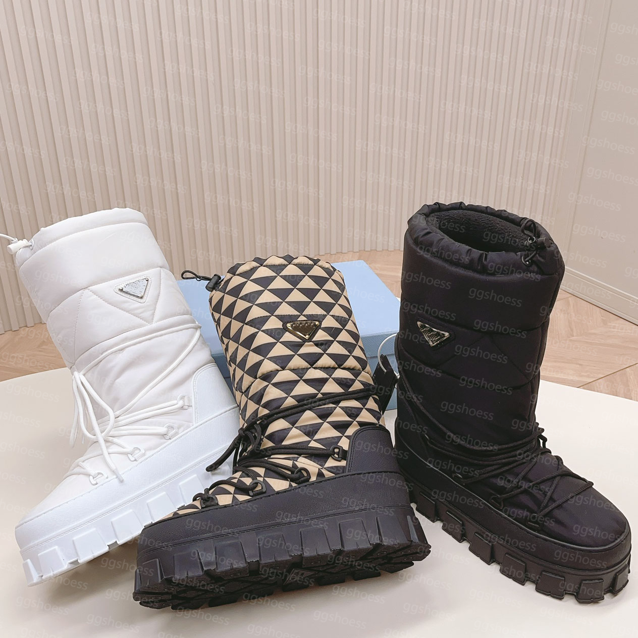 Designer Snow Boots Top Quality Re-Nylon Ski Bootie Gabardine Apres-ski Boots Women Chunky Winter Warm Fur Shoe