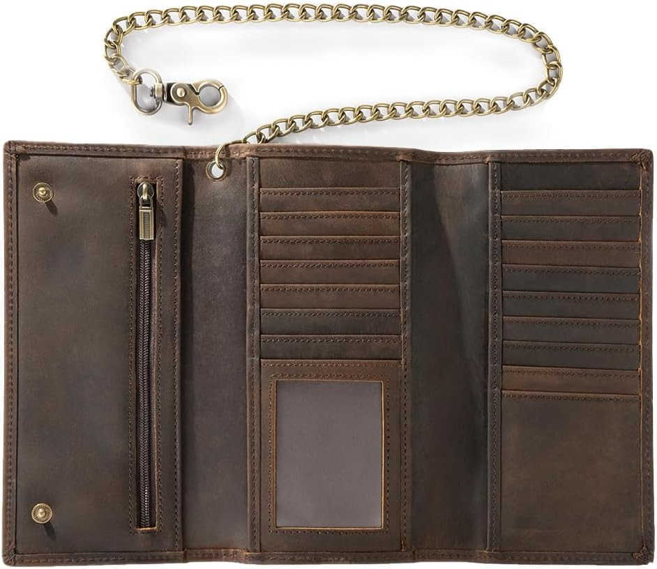 Mens Chain Wallet Biker Trucker Wallets with Long Strong Chains Genuine Leather Trifold Billfold Snap BrownZ250910