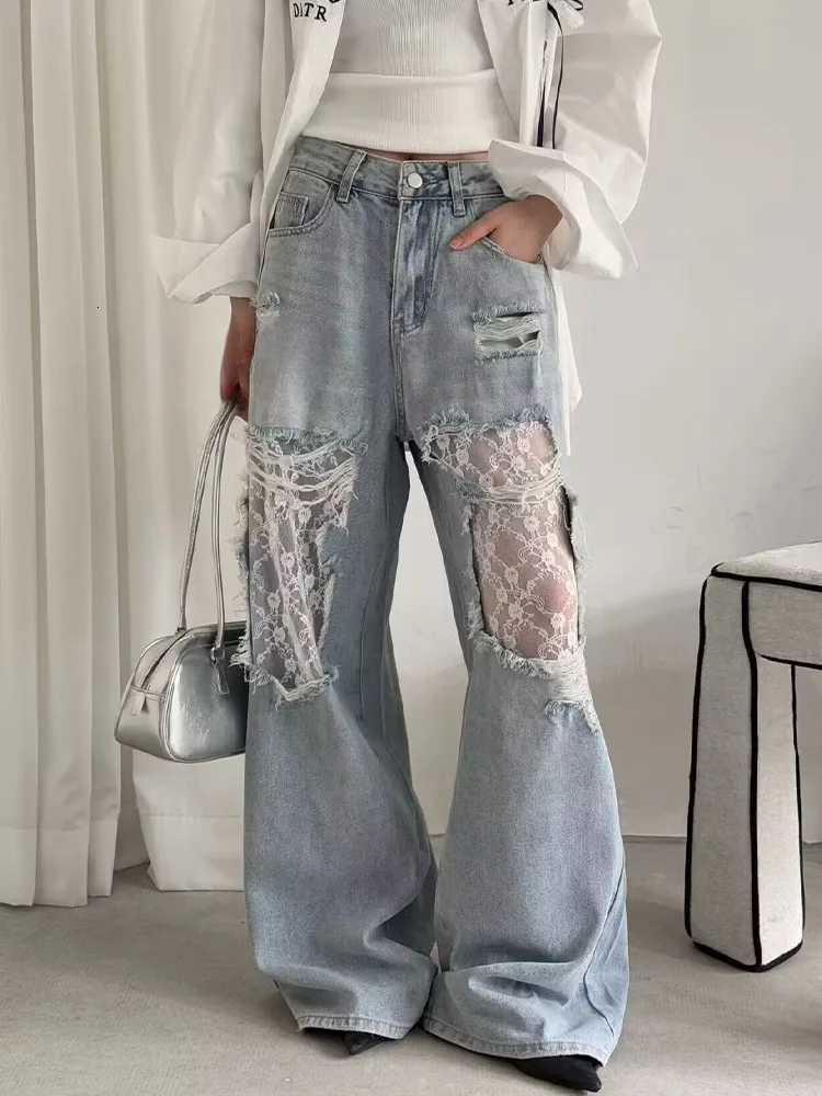 2025 Womens Y2K American Style High Waist Lace Spliced Denim Pants Loose Wide Leg Trousers Fashion Hottie Hole Patchwork Jeans Z250910