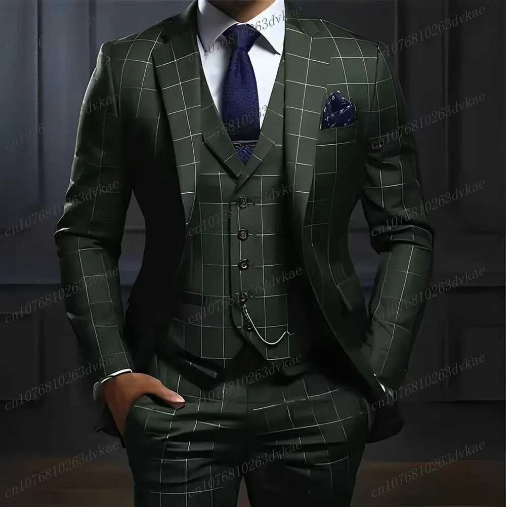 New Plaid Navy Blue Men Suit Groom Groomsman Wedding Party Formal Business Prom Male Tuxedos 3 Piece Set Blazer Vest Pants W250910