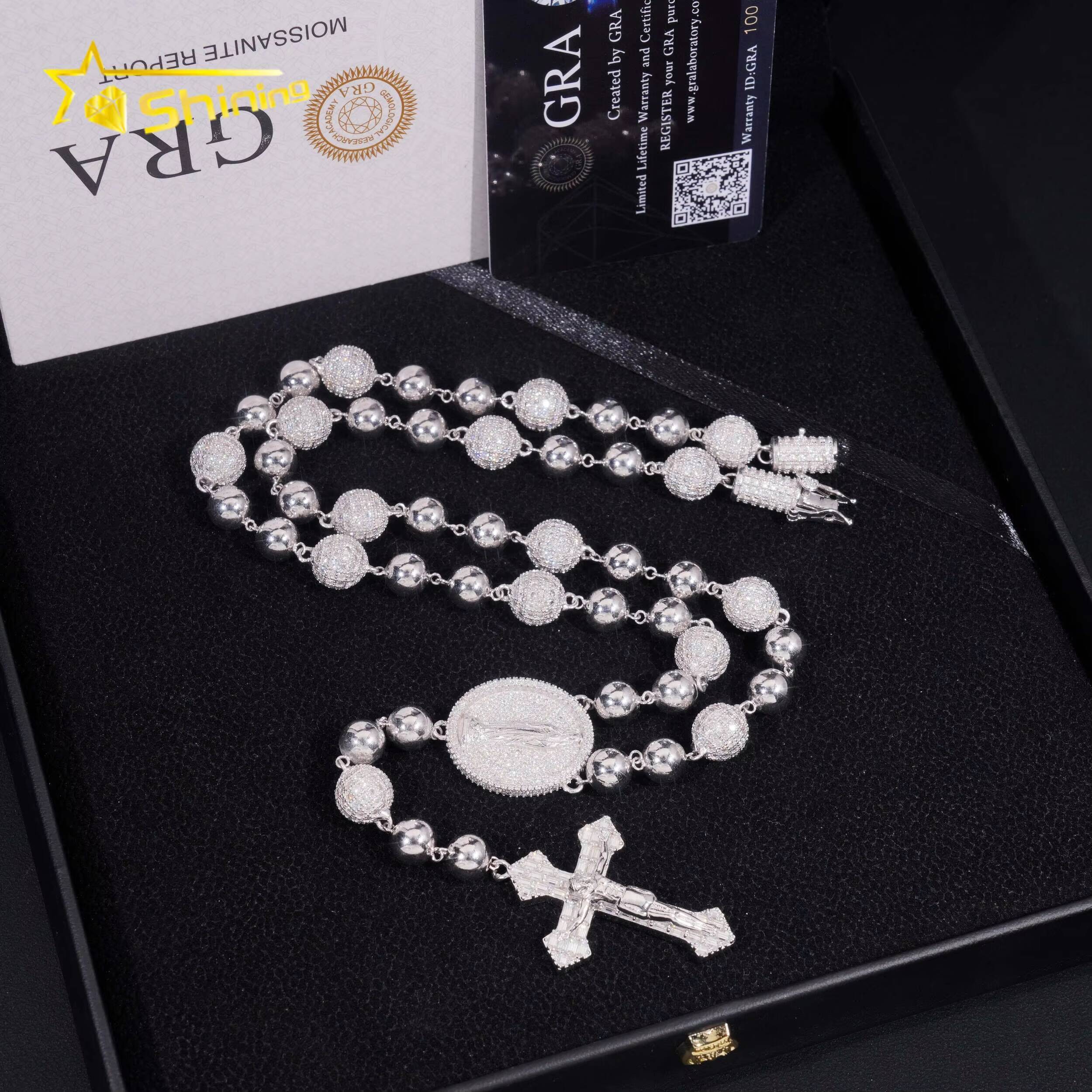 Pass Diamond Tester Hip Hop Iced Out Allah Moissanite Ball Chain 10mm Beads Necklace with Cross Pendant