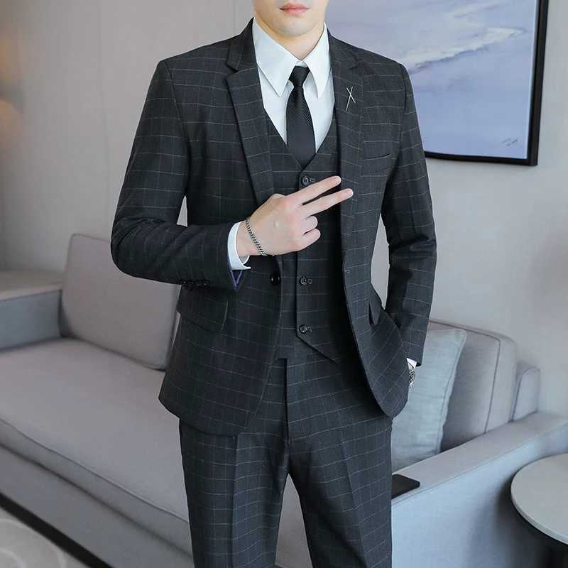 2024 Plaid ThreePiece Suit Set HighQuality Business Fashion Vest Trousers Wedding Casual Handsome Outfit W250910