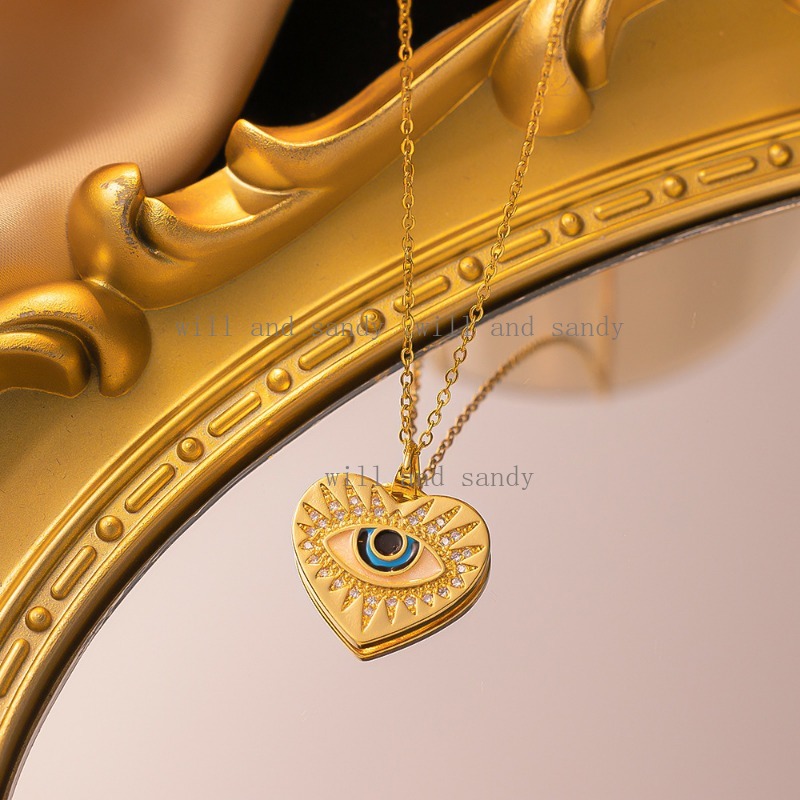 Non Tarnish Gold Evil Eye Necklace Charm 18K Gold Plated Stainless Steel Designer Necklaces Cubic Zirconia Hamsa Hand of Fatima Necklace for Woman Fin