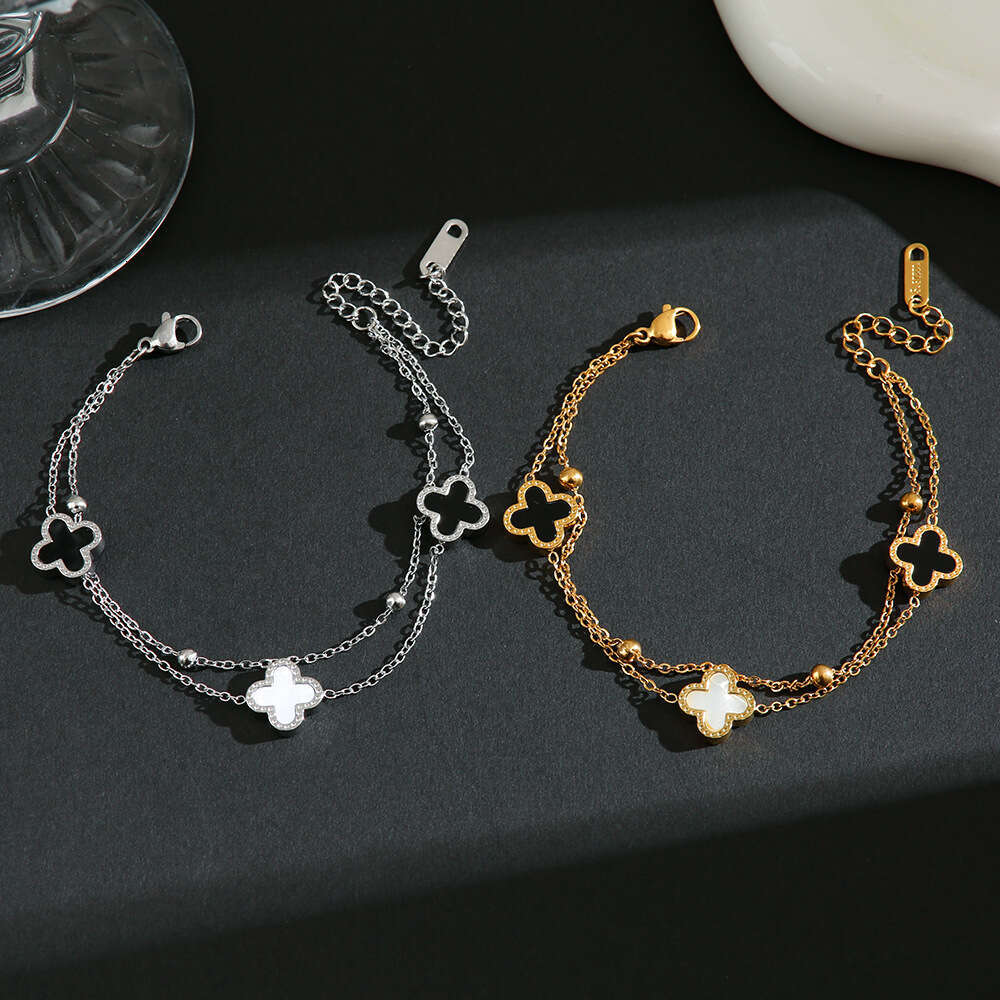 Korean Style Simple Double-Sided Four-Leaf Clover Bracelet for Women Fashion Double Layer Chain Titanium Steel Gold Sweet Temperament Jewelry