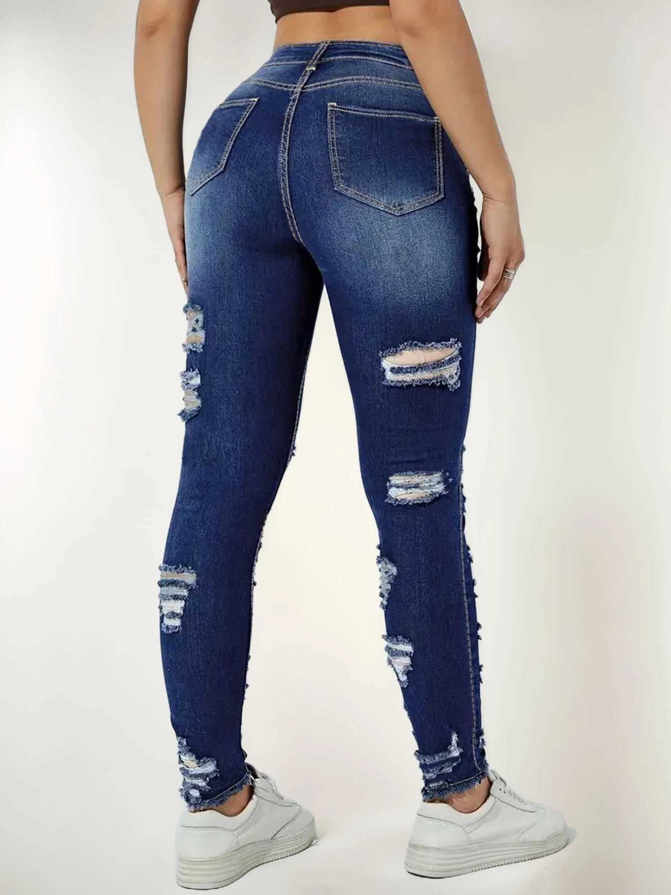 2025 New Womens High Waisted Elastic Perforated Slim Fit Jeans Fashionable Street Style Comfortable Casual Jeans Z250910