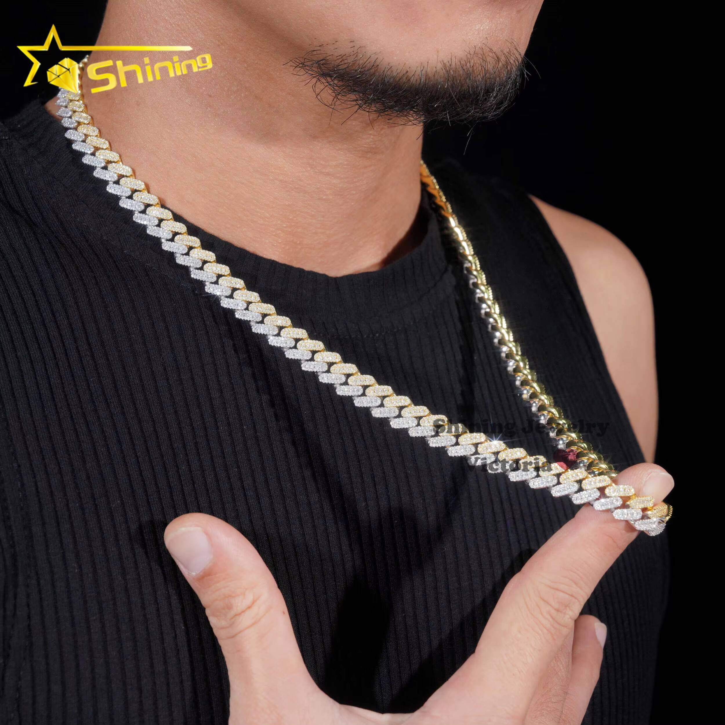 Trendy Pass Diamond Tester Charm Necklace 10MM Three Rows Two Tone Gold Plated 925 Silver Moissanite Diamond Cuban Link Chain