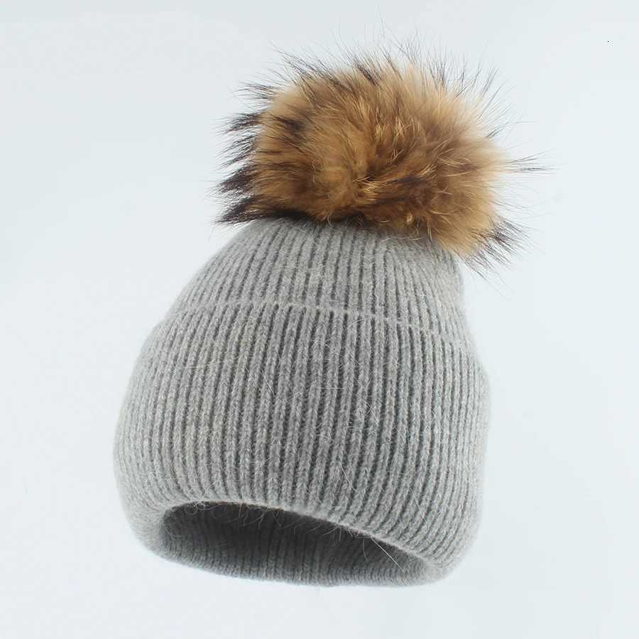 New Angora Rabbit Fur Knitted Beanie Hat Women Winter Real Raccoon Fur Pom Hats Warm Soild Color Ear Protection Warm CXJ250910