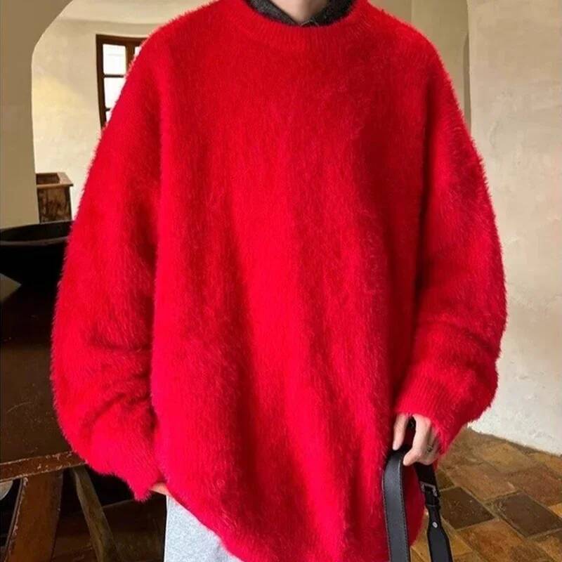 Autumn Men's Solid Fluffy Knitted Sweaters New Korean Fashion Loose Warm Pullovers Winter Couples Y2K Vintage Knitwear Jumpers dongdumaoyi