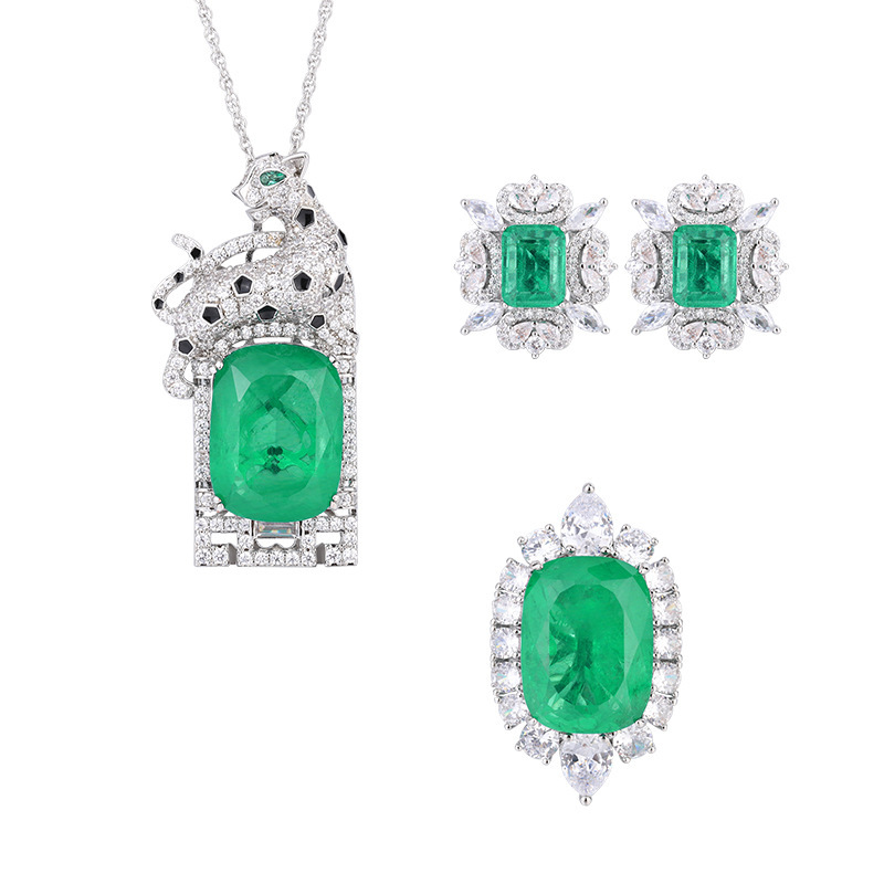 Luxury Brand Designer Jewelry Zhuang Shengsheng Jewelry European And American Retro Imitation Emerald Leopard Luxury Inlaid Set Main Stone 15*20 Earri