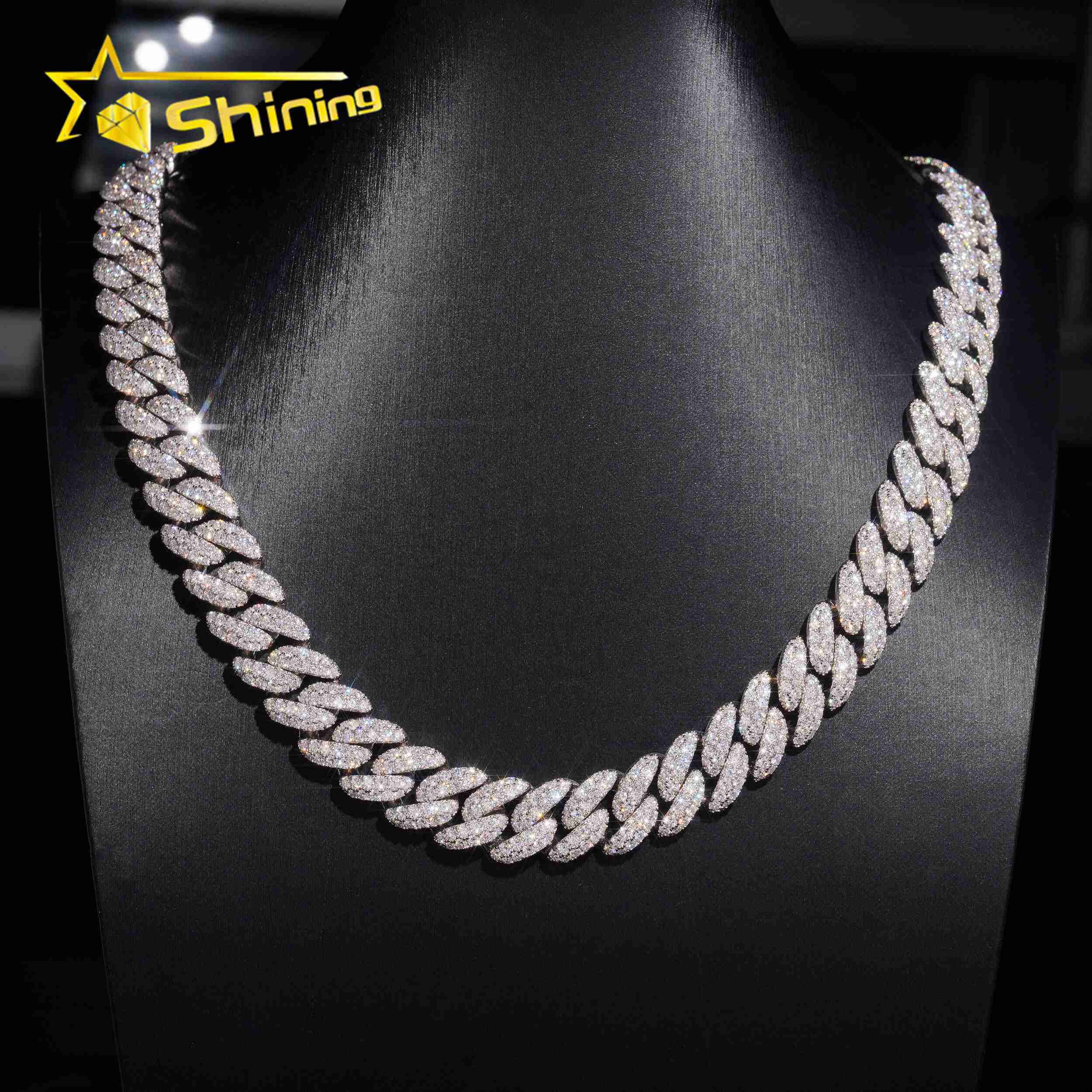 Moon Shape Miami Cuban Link Moissanite 12mm Necklace Iced Out Moissanite Pass Diamond Test 925 Silver Hip Hop Cuban Link Chain