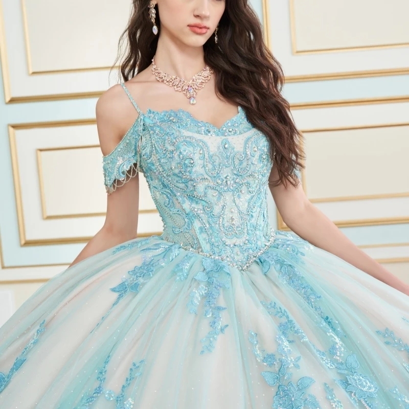 Light Blue Shiny Quinceanera Dresses Ball Gown Off The Shoulder Applique Lace Beading Crystal Tull Sweet 16 Dress Vestidos 15 De Anos