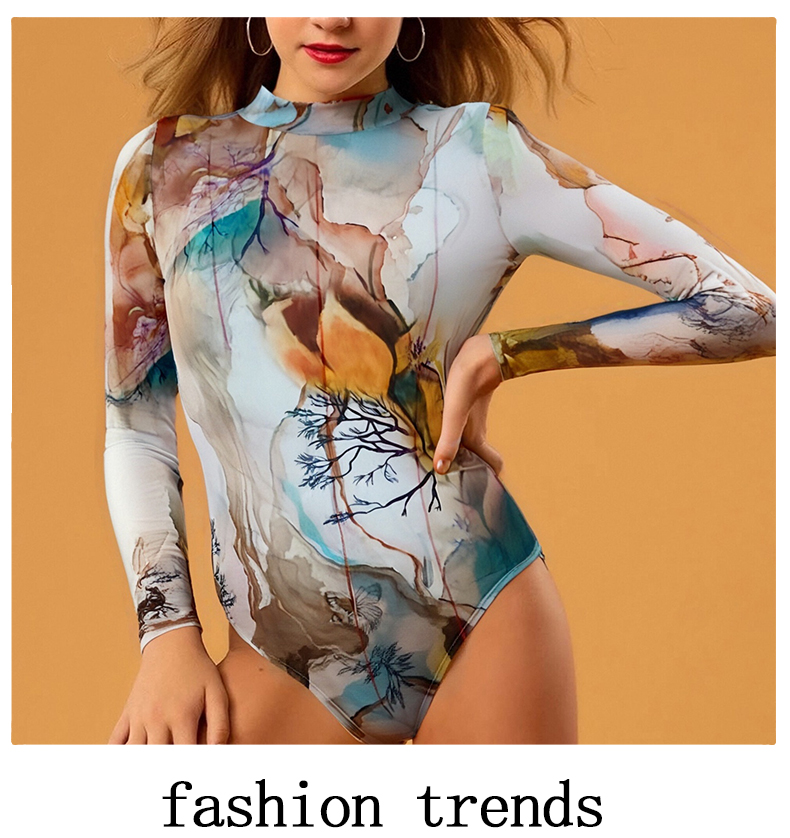 Women's Jumpsuits Women's Long Sleeve Mock Neck Bodycon Jumpsuit with Abstract Art Print, Sexy Club & Party Outfit