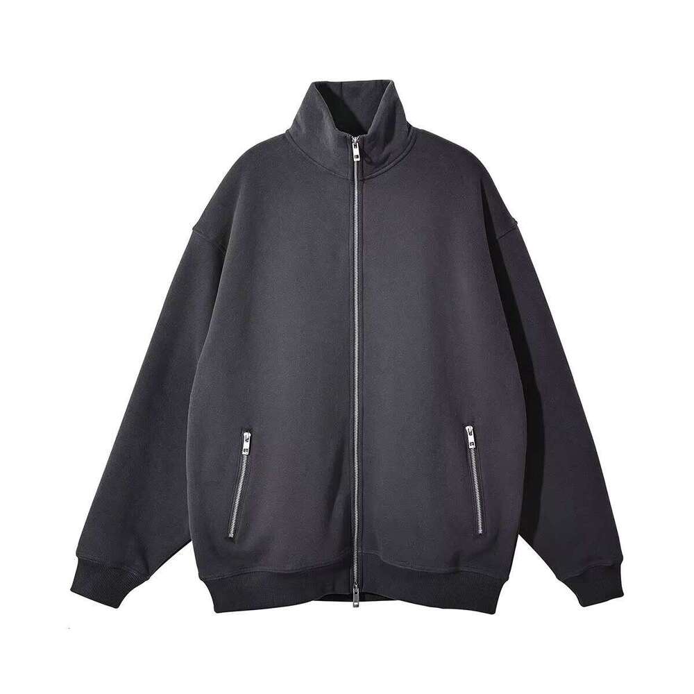 Drop Shoulder Oversized Hoodie Men's Stand Collar Wool Sweatshirt with Zipper Pocket