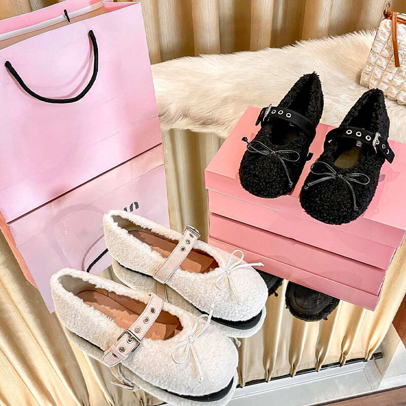 Womens Fleece Mary Jane Flats Luxury Designer Inspired Shearling Style Round Toe Buckle Strap Ballet Shoes Cute Fashion Warm Footwear Comparable to Luxury Brands