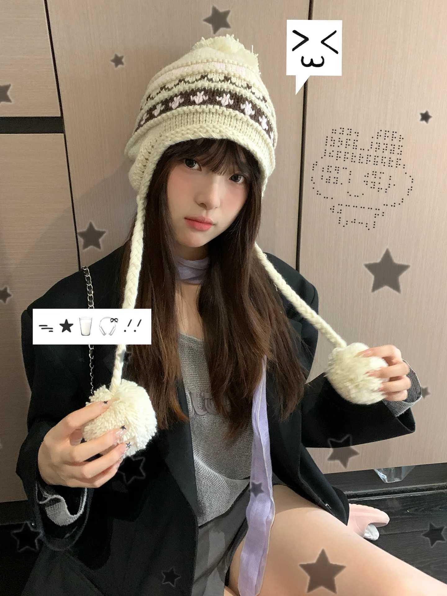 Autumn And Winter Fair Lsle Style HandKnitted Woolen Hat For Women Warm And Cute Ball Earmuffs To Show Off A Small Face AndXJ250910