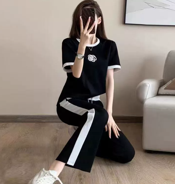 High-End Casual Sports Suit for Women Summer Thin Street Fashionable Trendy Youthful Wide-Leg Pants Fashion Two-Piece Set 250718