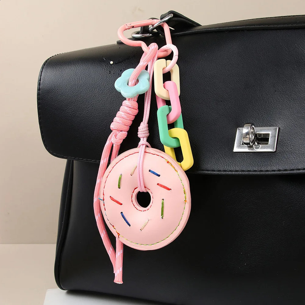 INS Style PU Leather Donut Pendant Keychain Creativity Colorful Chain Wope Rope Bag Hanging Piece Fashion Accessorie 222