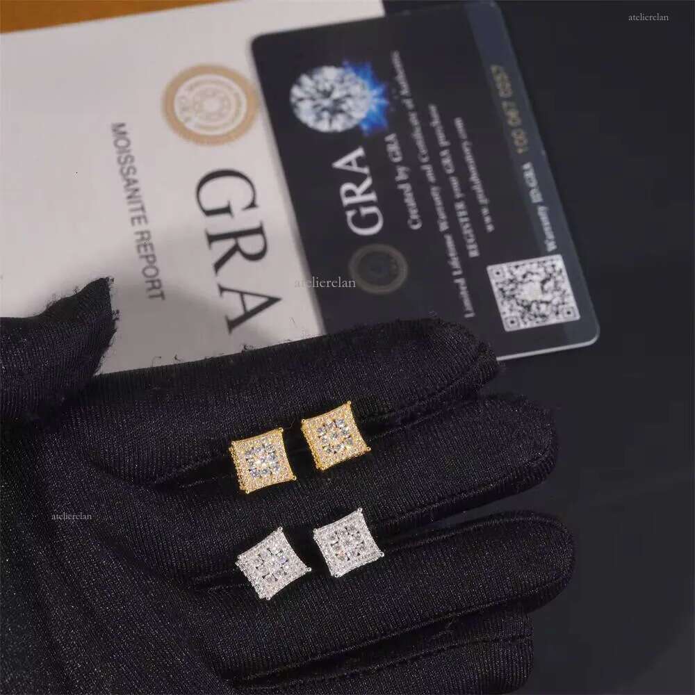 Wholesale Price High Quality Fashion Sterling Sier Moissanite Dia Gold Plated Square Iced Out Men Earrings