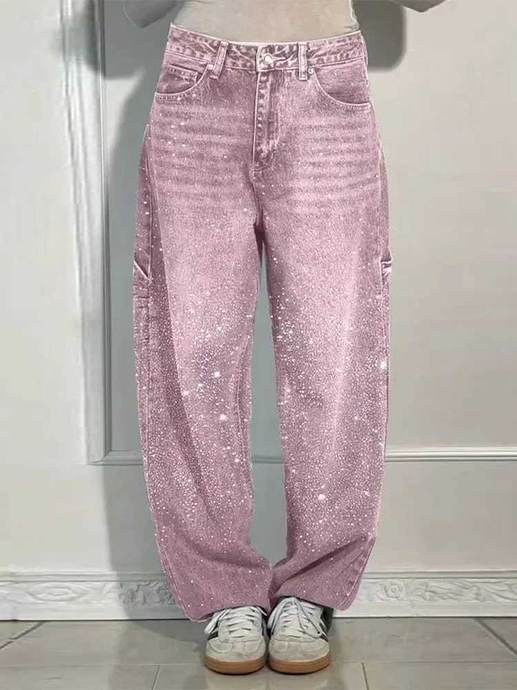 Shiny Rhinestone Baggy Womens Wide Leg Jeans Full Wide Leg Dragging Denim Pants Vintage Washed Pants Casual Trousers Z250910