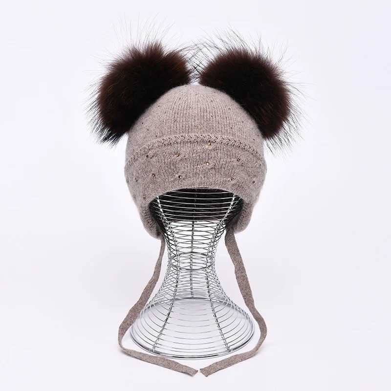 Jxer Baby Wool Hat Winter Cute Double Real Fur Pom Earfl Beanie Fluffy Warm Childrens Wool Hats with RhinestoneXJ250910
