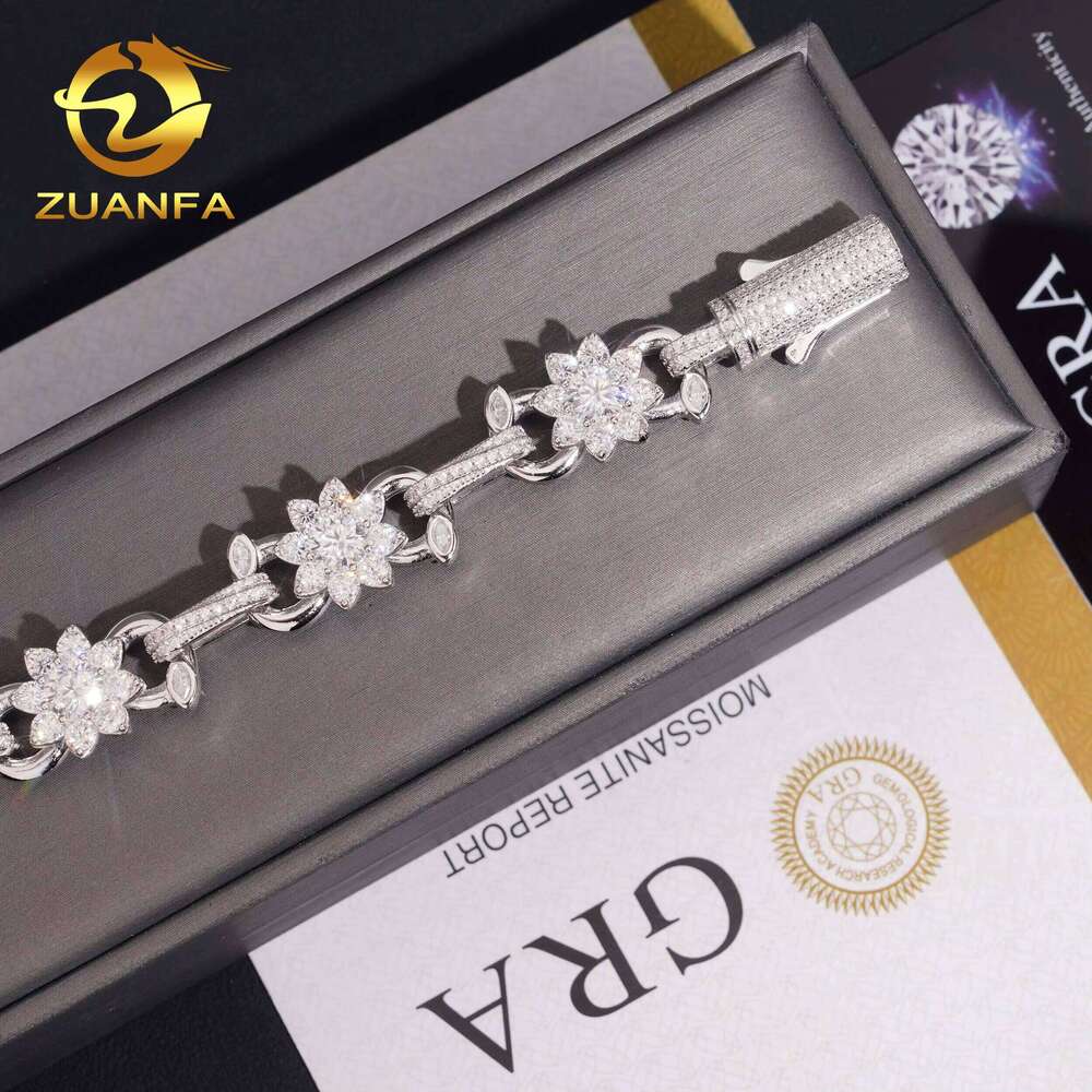 Hip Hop Jewelry 13mm Flower and Leaf VVS Cuban Link Sier Moissanite Iced Out Bracelet for Men Women