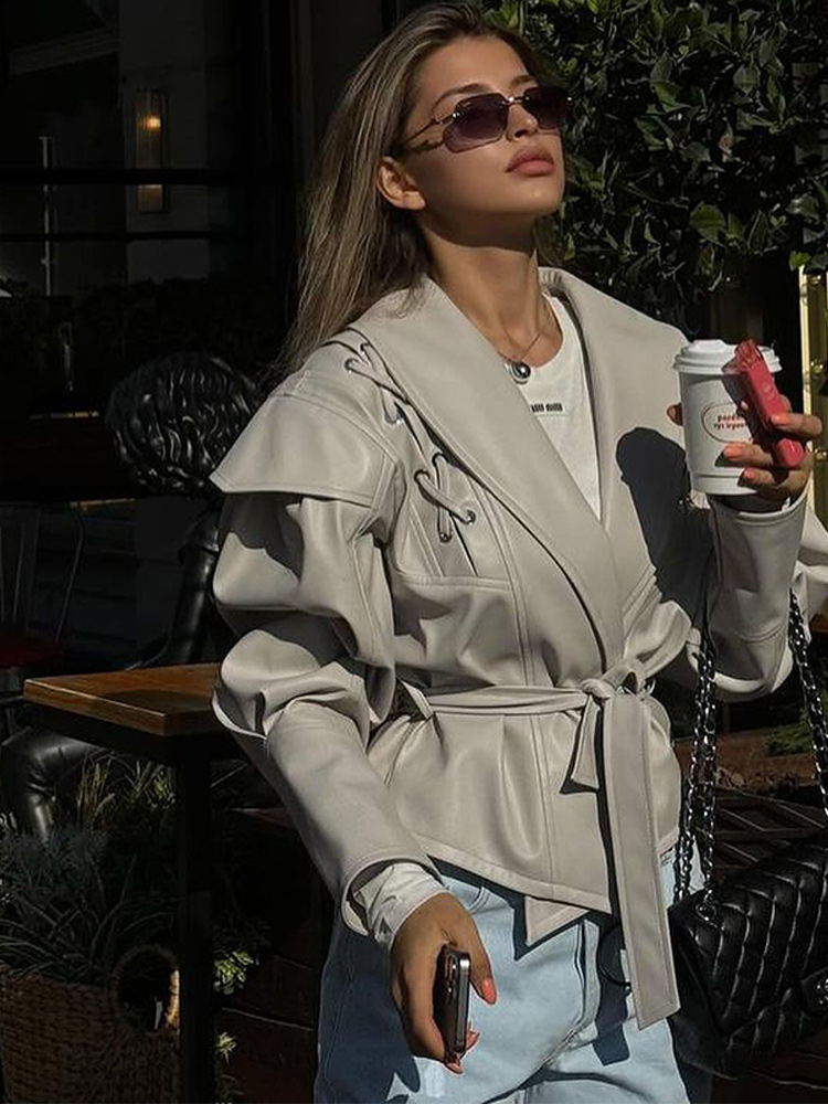 Street Solid Color Lace Up Leather Jacket Woman Waist Cinching Long Sleeves Lapel Coat Casual Versatile Women's New Leather Outerwear Revival