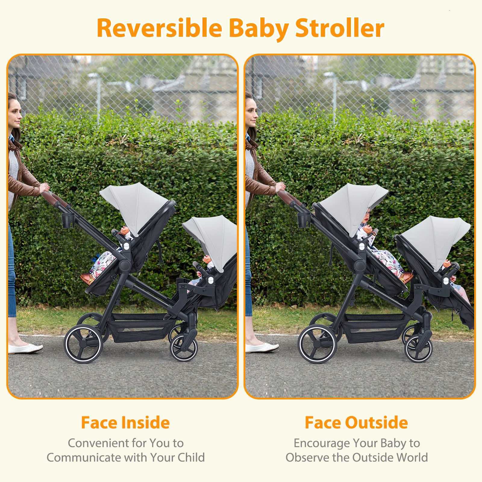 Double Stroller Track Tandem Stroller for Infant and Toddler Foldable Pushchair Bassinet Pram MultiPosition Reversible W250910