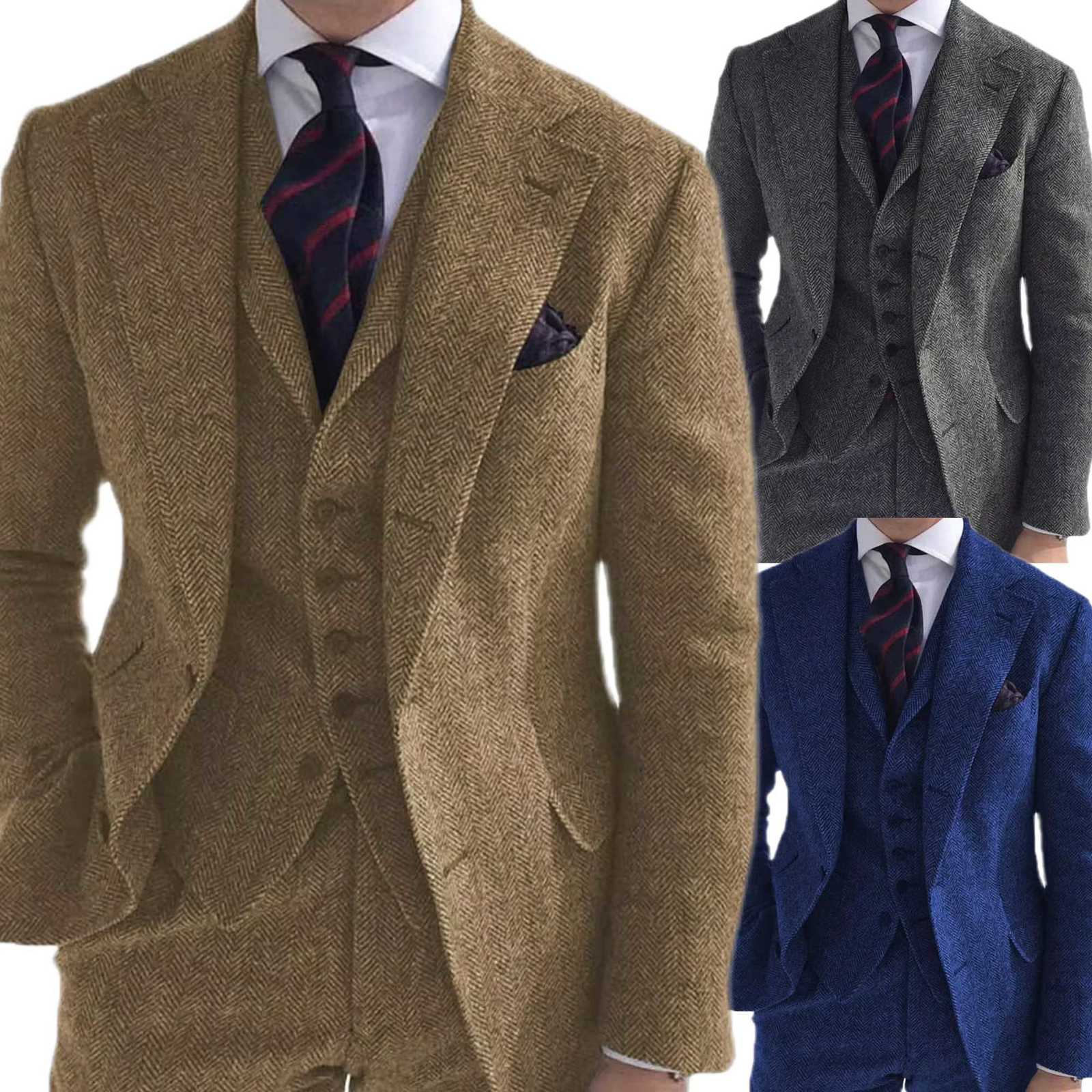 High Quality Mens Suit Set Fashion Wool Tweed Herringbone 3 Pieces Jacket Pants Vest Slim Fit Formal Wedding Grooms Coats New W250910