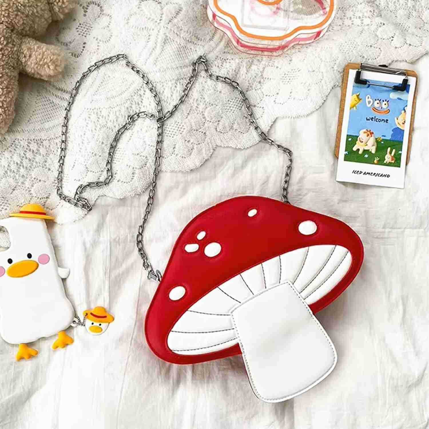 Mushroom Crossbody Purses PU Leather Shoulder Bags with Strap Cute Unique Purses for Women Girl Lovely Novelty Mushroom Gifts M250910