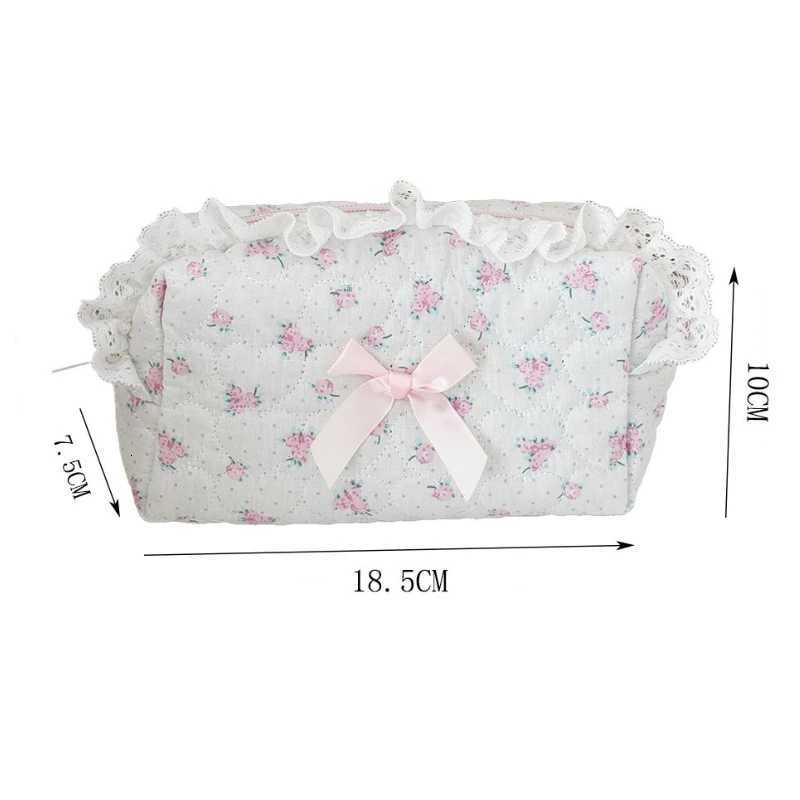 Pink Floral Bow Cosmetic Bag Cute Lace Makeup Pouch Large Capacity Women Cosmetic Organizer Storage BagsXJ250910