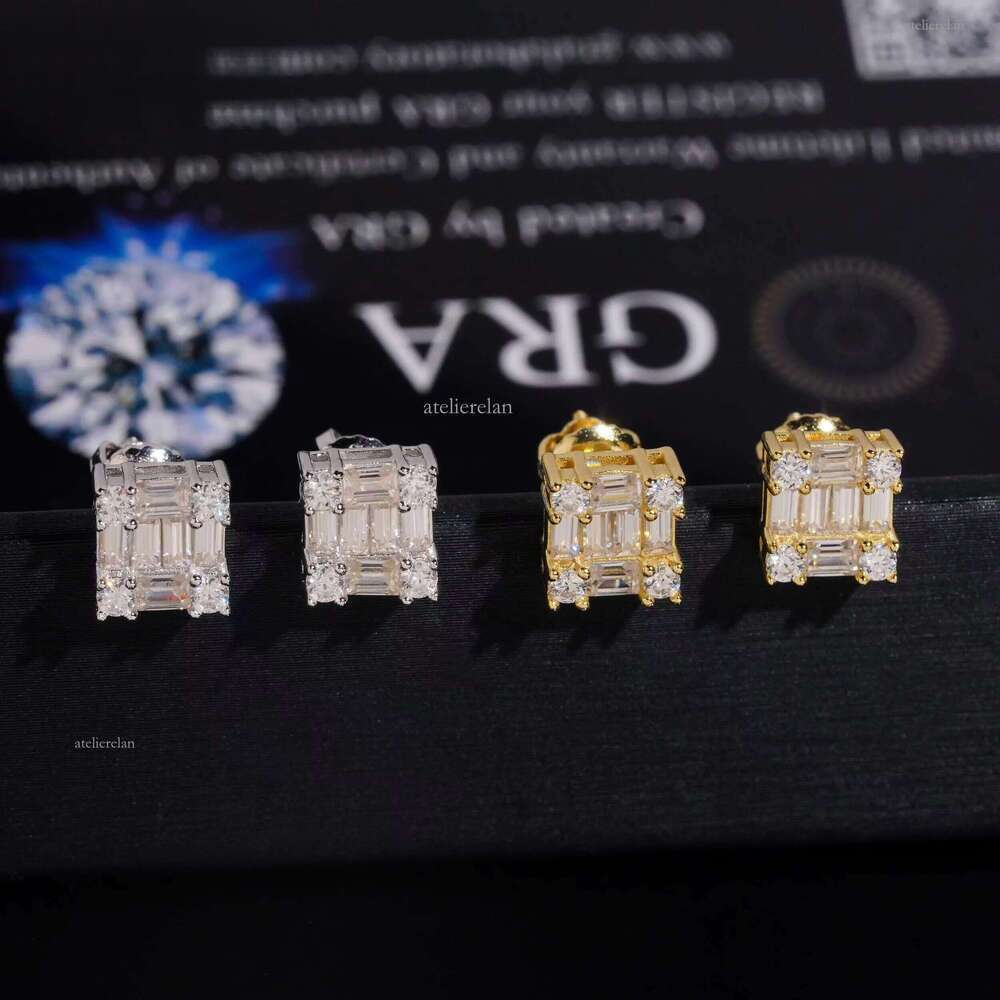 Jewelry Sier Emerald Cut Moissanite Dia Bling Special Design Iced Out Square Stud Earrings for Men