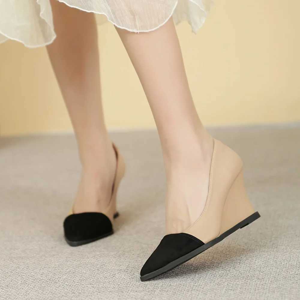 Women Leather Pointed Toe Wedges High Heel 5cm8cm Slip on Comfortable Soft Sole Work Shoes Wide Heels Women Pumps Women Shoes W250910