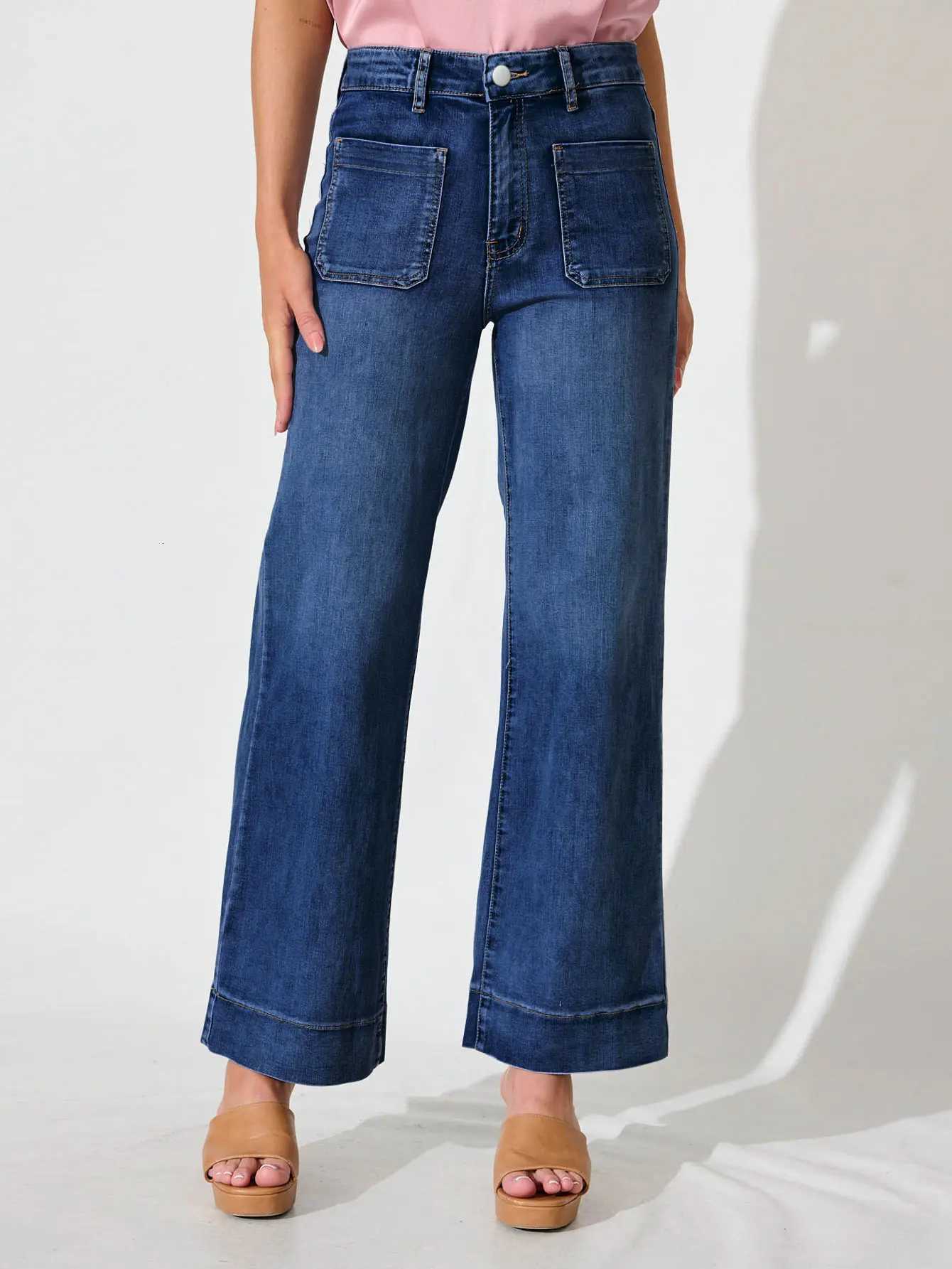 2025 New Womens Dark Blue MidRise Wide Leg Jeans Vintage Stretch Fabric Comfortable Soft Classic Casual Button Placket Jeans Z250910