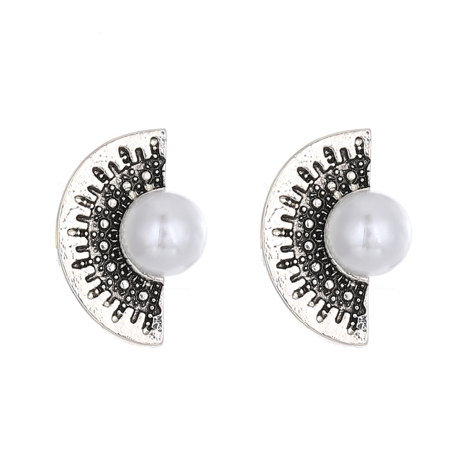 Bohemian Pearl Fan-Shaped For Women, Ins Style Alloy Vintage Half-Round Stud Earrings
