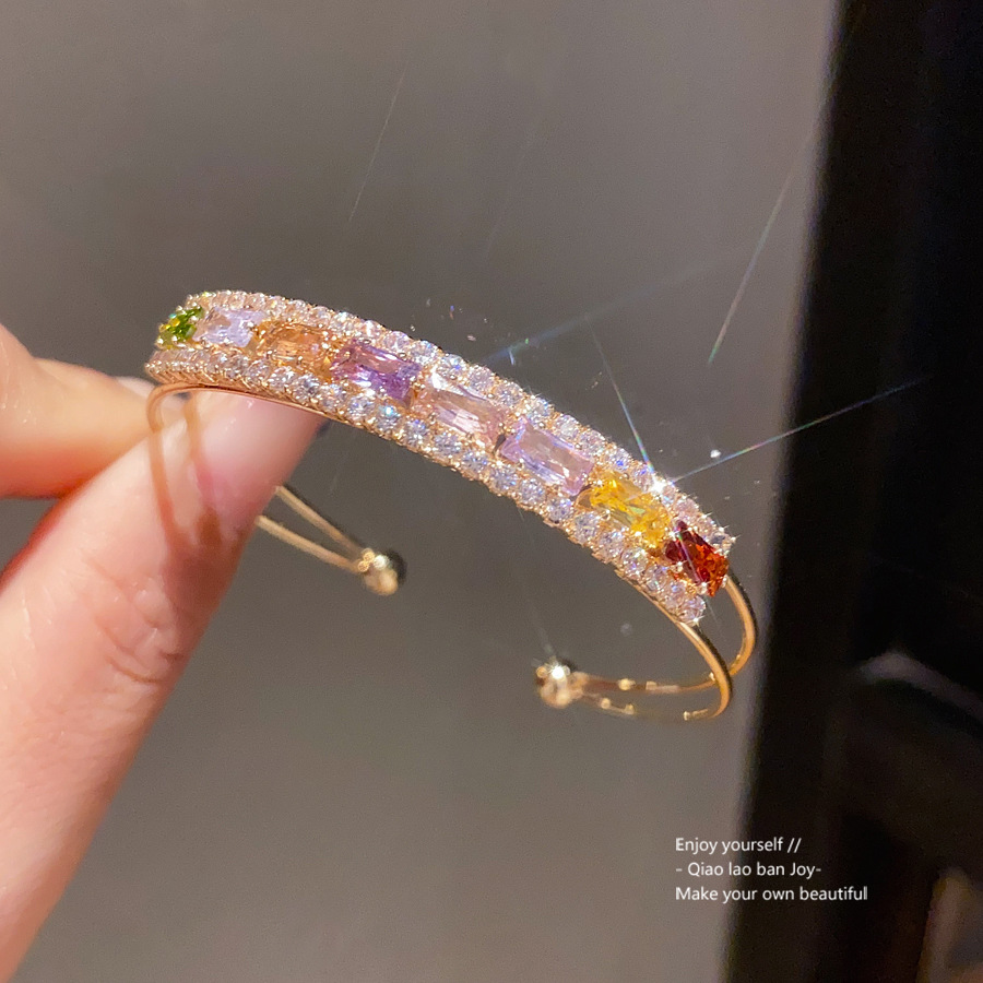 Gold-Tone Open Bangle With Mixed Color Baguette-Cut Crystals White Pave Detailing, Vibrant Luxe Style, Perfect For Elevating Party