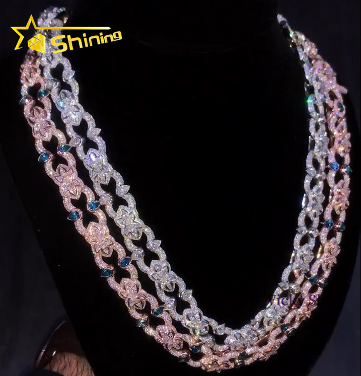 Custom Luxury Fine Jewelry Hip Hop Cuban Necklace 925 Sterling Silver Iced Out VVS Moissanite Cuban Link Chain Necklace